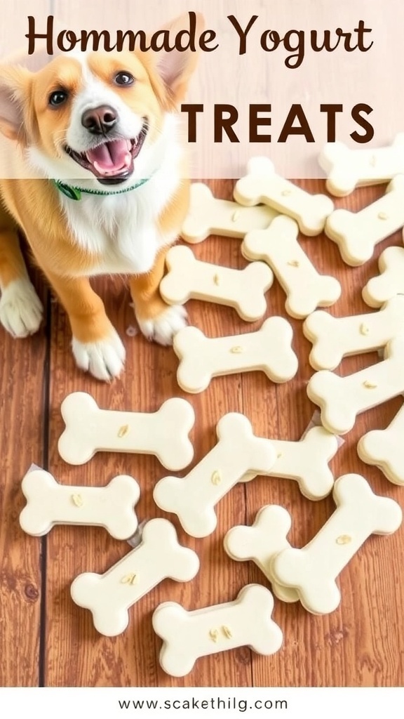 Homemade yogurt dog treats shaped like bones on a wooden surface, with a dog looking at them.